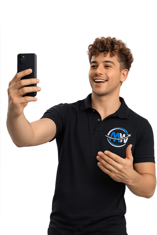 digital influenciador com camisa com logo da mw talentos